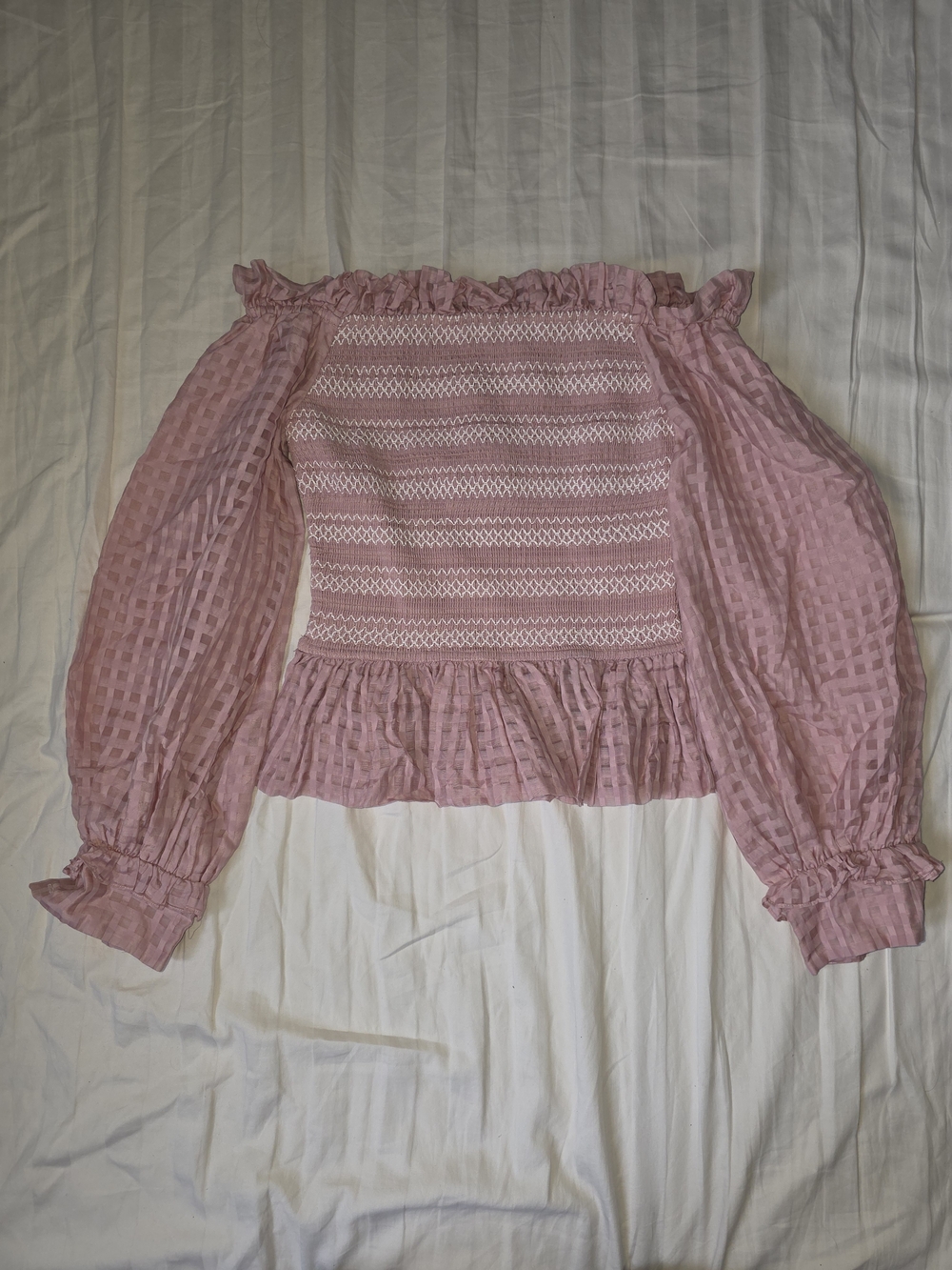 Miss Sixty Blush Pink Off-Shoulder Smocked Peplum Blouse